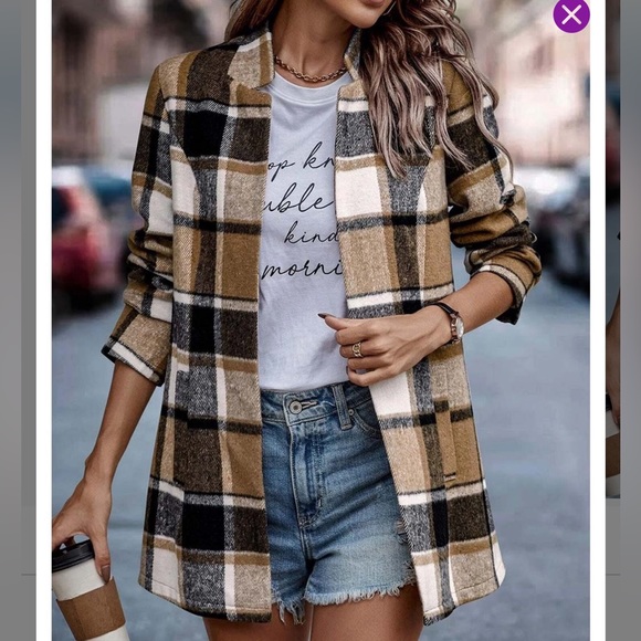 Khaki & Cream Plaid Pocket Open Shacket - Medium - Picture 7 of 8